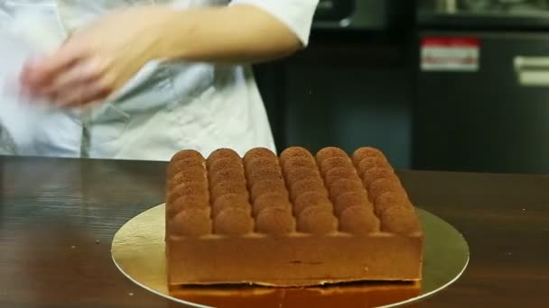 Confiseur se prépare à décorer gâteau mousse crémeuse chocolat en forme à la mode — Video