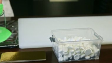 Beyaz Bizet 'li büyük plastik kutudan taze yeşil katmanlı pastaya