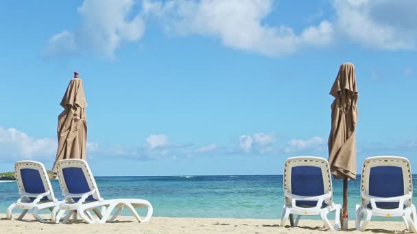 Closeup empty golden sand seashore with long beach chairs and closed umbrellas — Stock Video