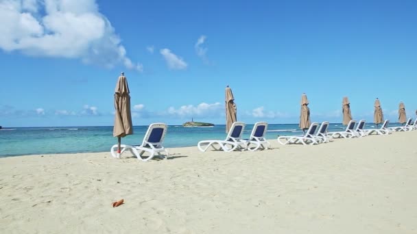 Panorama at golden sandy ocean shore with beach chairs and closed umbrellas — Stock Video