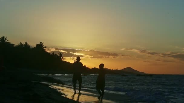 Sötét sziluettje két erős ember séta az óceán partján ellen naplemente ég — Stock videók