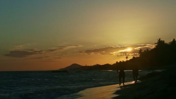 Black silhouettes of two men slowly running on empty seashore against sunset sky — Stock Video
