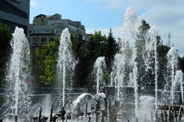 Palmiye ağaçları ve evler arka plan üzerinde çeşme