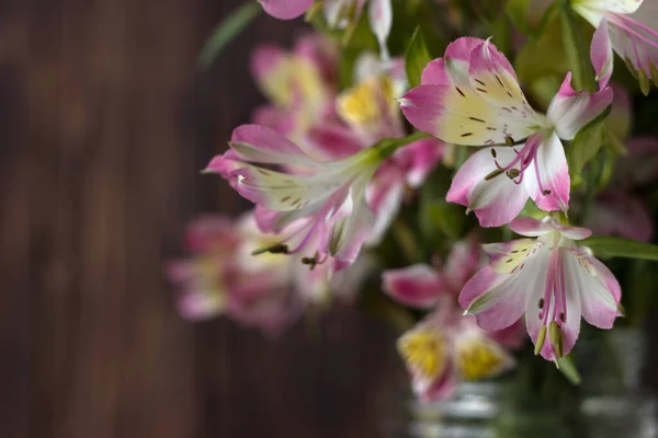 Bouquet from Alstremeria, gently pink flowers of Peruvian lily. Flowers for the holiday, brown wooden background