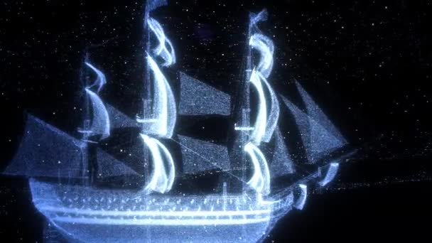 Top-Nahaufnahme Segelschiff schwebt über den Sternen in dunklen Himmel Raum. 3D-Animation, 3D-Renderer