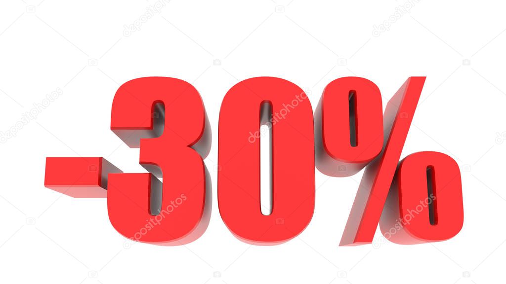 -30 percent off discount promotion sale. 3D Render. 3D-Illustration percent discount collection for your unique selling poster, banner ads. Christmas, Xmas sale and more