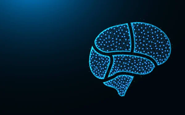 Εγκεφαλικές περιοχές χαμηλού πολυ σχεδιασμού, αφηρημένη γεωμετρική εικόνα ανθρώπινων οργάνων, ιατρική wireframe πλέγμα πολυγωνική διανυσματική απεικόνιση γίνεται από σημεία και γραμμές σε σκούρο μπλε φόντο — Διανυσματικό Αρχείο