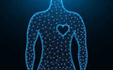 İnsan ve kalp sembolü düşük poli tasarımı, insan sağlığı soyut geometrik görüntüsü, kablo örgüsü çokgen vektör çizimi koyu mavi arkaplan üzerindeki noktalar ve çizgiler