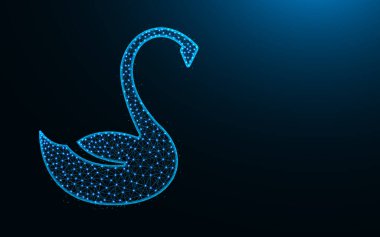 Kuğu düşük poli tasarımı, hayvansal soyut geometrik görüntü, kuş teli çokgen vektör çizimi koyu mavi arkaplan üzerindeki nokta ve çizgilerden yapılır