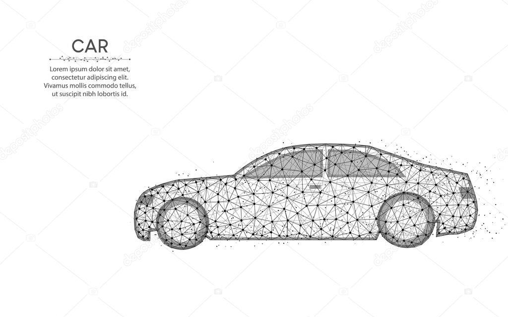 Car low poly design, transport abstract geometric art, driving wireframe mesh polygonal vector illustration made from points and lines on white background