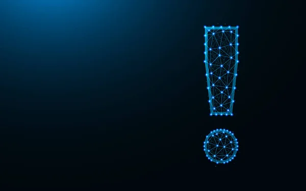 Ünlem işareti düşük poli tasarımı, soyut geometrik şablon, noktalama işareti kablosuz çokgen çizim koyu mavi arkaplan üzerindeki noktalar ve çizgiler