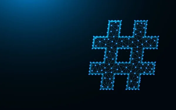 Hashtag σύμβολο χαμηλό πολυ σχέδιο, αφηρημένη γεωμετρική εικόνα, αριθμός σημάδι wireframe πλέγμα πολυγωνικό διανυσματική απεικόνιση γίνεται από σημεία και γραμμές σε σκούρο μπλε φόντο — Διανυσματικό Αρχείο