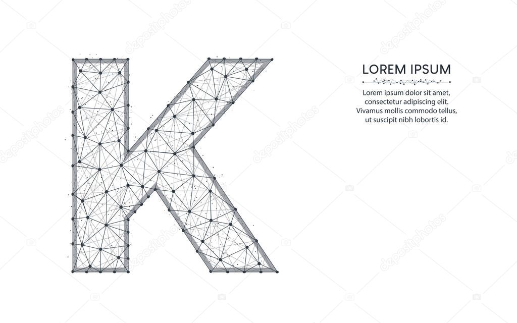 Letter K low poly design, alphabet abstract geometric image, font wireframe mesh polygonal vector illustration made from points and lines on white background