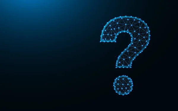 Soru işareti düşük poli tasarımı, soyut geometrik şablon, noktalama işareti kablosuz ağ çokgen çizimi koyu mavi arkaplan üzerindeki noktalar ve çizgiler