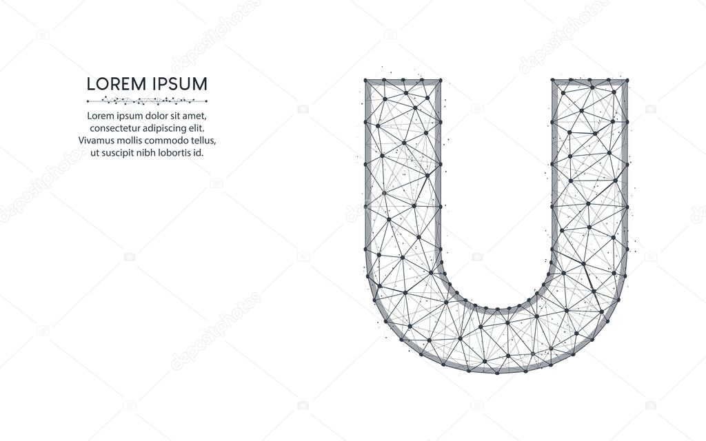 Letter U low poly design, alphabet abstract geometric image, font wireframe mesh polygonal vector illustration made from points and lines on white background