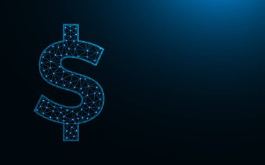 Dolar sembolü düşük poli tasarımı, çokgen biçiminde para birimi, para işareti kablo vektör çizimi koyu mavi arkaplan üzerindeki nokta ve çizgilerden yapılır