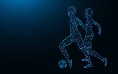 Futbolcular düşük poli tasarımı, futbol oyunu soyut geometrik görüntüsü, spor kablosuz ağ çokgen çizimi koyu mavi arkaplan üzerindeki nokta ve çizgilerden yapılır
