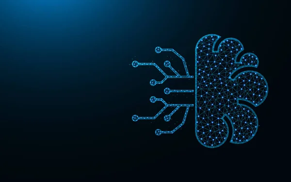 Inteligencia artificial de bajo diseño polivinílico, IA, cerebro humano imagen geométrica abstracta, ilustración vectorial poligonal de malla de alambre de ciencia hecha de puntos y líneas sobre fondo azul oscuro — Vector de stock