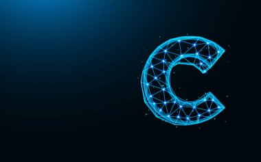 C harfi düşük poli tasarımı, alfabe soyut geometrik resim, yazı tipi kablosu çokgen vektör çizimi koyu mavi arkaplan üzerindeki noktalar ve çizgiler