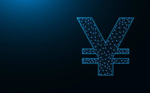 Yen simbolo basso disegno poli, valuta in stile poligonale, segno di denaro wireframe vettoriale illustrazione fatta da punti e linee su sfondo blu scuro — Vettoriale Stock