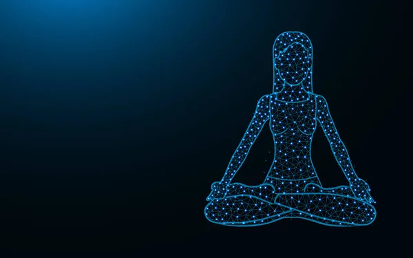 Woman sitting in lotus position low poly icon, Yoga wireframe mesh polygonal vector illustration made from points and lines on dark blue background — ストックベクタ