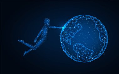 Dengeleyici adam Dünya gezegenine dokundu düşük polimerli tasarım, tel örgüsü çokgen vektör illüstrasyonunu birleştiren teknolojiler koyu mavi arkaplan üzerindeki nokta ve çizgilerden yapıldı.