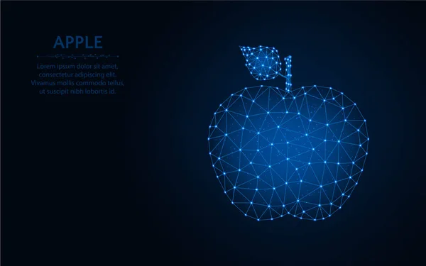 애플 저조 한 포리 디자인, 과일 wireframe 메시 다각형 벡터 일러스트는 검은 청색 배경 위의 점 과 선으로 만들어 진다. — 스톡 벡터