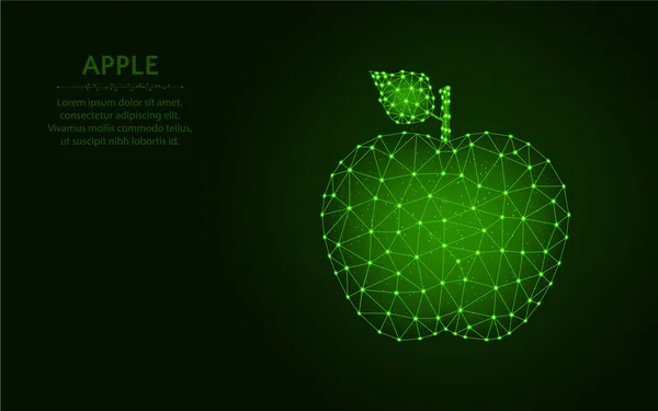 Diseño polivinílico bajo de Apple, ilustración de vectores poligonales de malla de marco de alambre de fruta hecha de puntos y líneas sobre fondo verde oscuro — Vector de stock