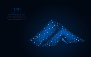 Çadır düşük poli tasarımı, kamp kablosu çokgen vektör çizimi koyu mavi arkaplan üzerindeki nokta ve çizgilerden yapılır