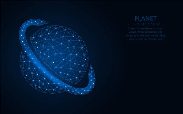 Planeta con un diseño polivinílico bajo anillo, ilustración vectorial poligonal de malla de marco de alambre espacial hecha de puntos y líneas sobre fondo azul oscuro — Vector de stock