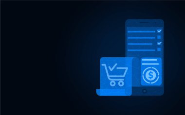 Çevrimiçi alışveriş düşük poli tasarımı, mobil bankacılık kablosu çokgen vektör çizimi koyu mavi arkaplan üzerindeki nokta ve çizgilerden yapılır