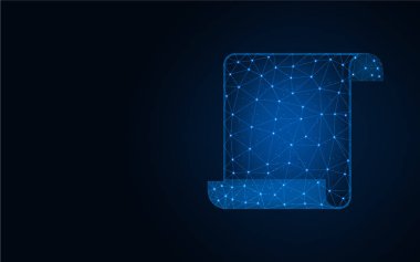 Kağıt kaydırma düşük poli tasarımı, kablo örgüsü çokgen vektör çizimi koyu mavi arkaplan üzerindeki nokta ve çizgilerden yapılır