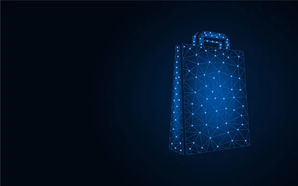 Shopping bag low poly design, wireframe mesh polygonal vector illustration made from points and lines on dark blue background — ストックベクタ