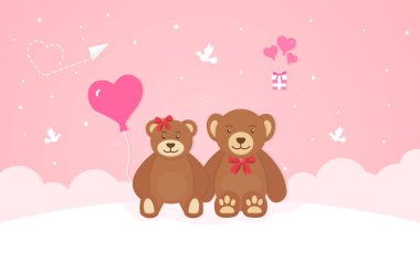 Mutlu Sevgililer Günü tasarım konsepti, iki sevimli oyuncak ayı, kağıt stilinde romantik kompozisyon, pembe arka planda vektör çizimi.