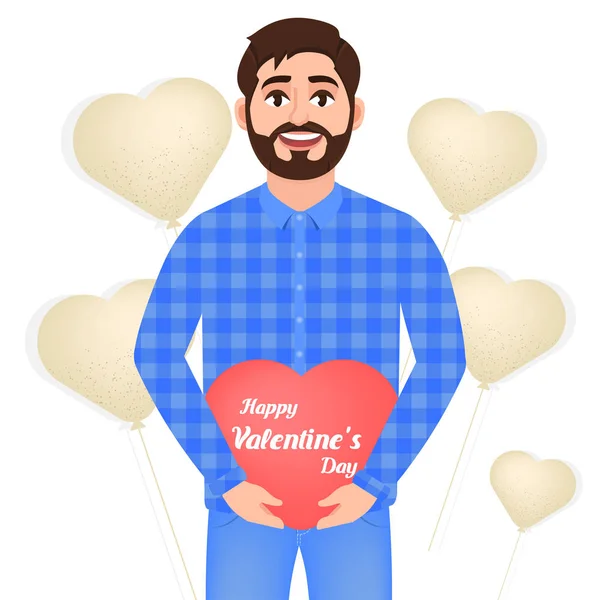 Genç sakallı adam sevgililer günü kartı tutuyor, kalp şeklinde balonlar, düz bir şekilde vektör çizimi. — Stok Vektör