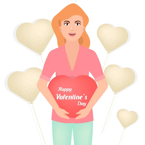 Jovencita sosteniendo San Valentín, globos en forma de corazón, ilustración vectorial en estilo plano — Vector de stock