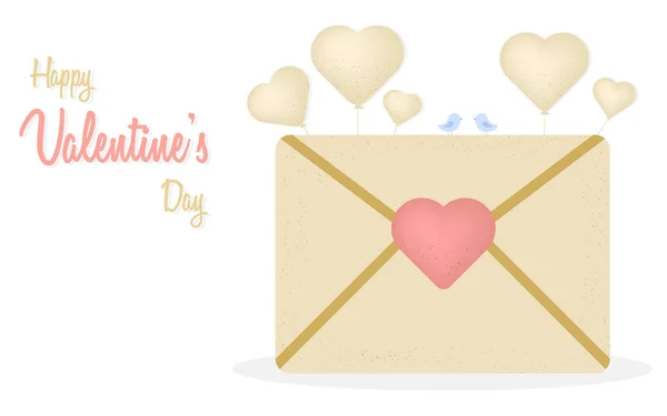 З Днем святого Валентина і любовним листом, складом з птахами і серцями, векторною ілюстрацією в пласкому стилі. — стоковий вектор