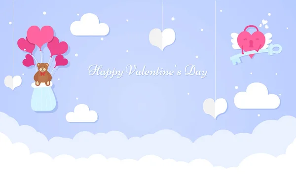 Concept de design Happy Valentine 's Day, compoziție romantică în stil de hârtie, ilustrație vectorială pe un fundal albastru — Vector de stoc