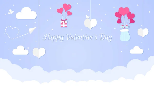 Concepto de diseño del Día de San Valentín feliz, composición romántica en estilo de papel, ilustración vectorial sobre un fondo azul — Vector de stock
