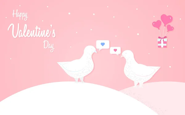 Concepto de diseño del Día de San Valentín feliz, dos palomas enamoradas, composición romántica en estilo de papel, ilustración vectorial sobre un fondo rosa — Foto de stock gratuita
