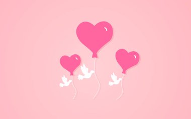Kalp şeklinde balonlarla uçan üç güvercin pembe arka planda vektör çizimi