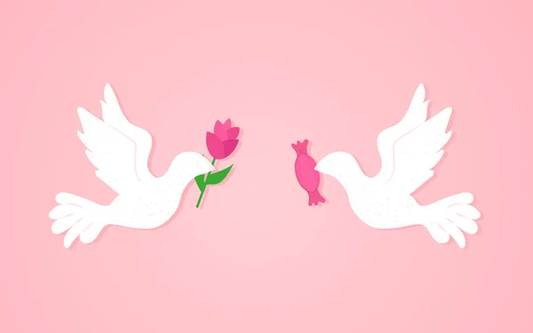 Palomas con ilustración vectorial de flores y dulces sobre un fondo rosa — Vector de stock