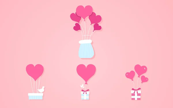 Globos en forma de corazones, ilustración de vectores de cajas de regalo sobre un fondo rosa — Vector de stock