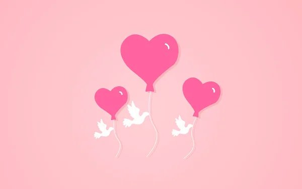 Three doves flying with heart shaped balloons vector illustration on a pink background — 스톡 벡터