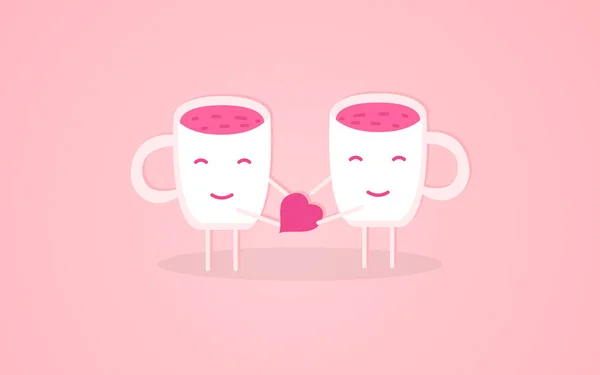 Um copo dá um coração para outra xícara, personagens doodle no vetor de amor ilustração em um fundo rosa — Fotos gratuitas