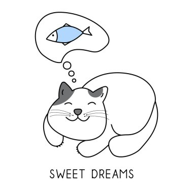Şirin bir kedi rüyasında bir balık görüyor, tatlı rüyalar el çizimi tarzı, şirin çizgi film komik hayvan karakteri..
