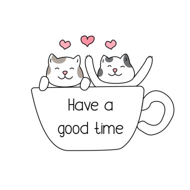 Mutlu kediler ve fincanlar, iyi vakit geçirin el çizimi tarzı, şirin komik hayvan karakteri..