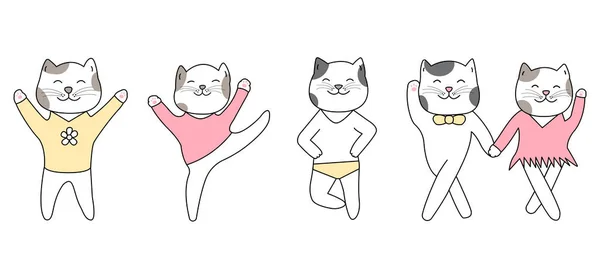 Conjunto de gatos de dança bonito mão estilo desenhado, desenhos animados bonitos personagens animais engraçados . —  Vetores de Stock