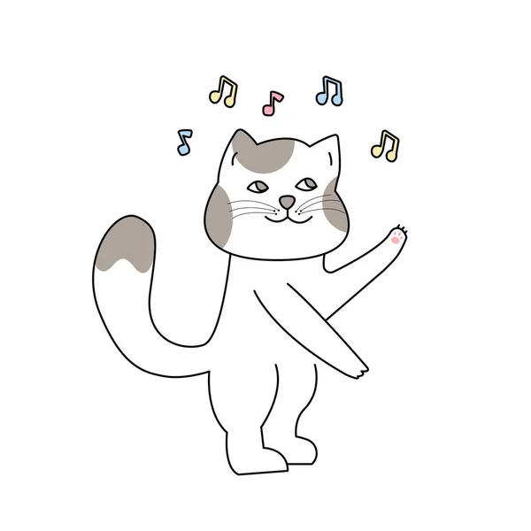 Leuke dansende kat in hand getrokken stijl, Leuke cartoon grappig dier karakter. — Stockvector