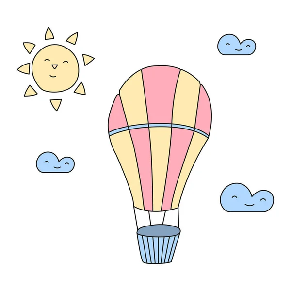 Balão no céu desenhado à mão estilo, viagem desenho animado ilustração vetorial — Vetor de Stock